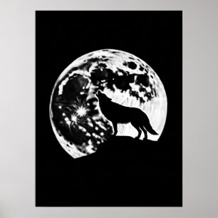 Póster Wolf Howling Silhouetti contra una luna llena