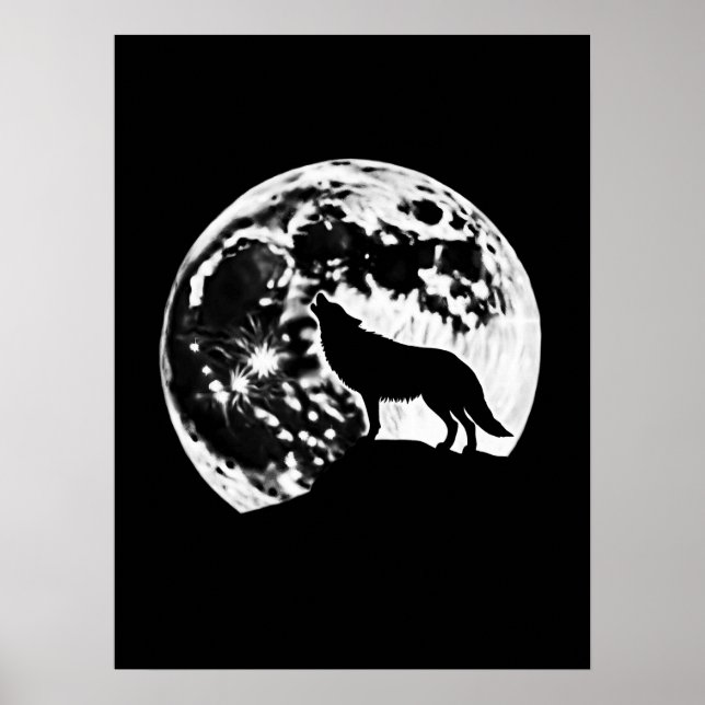 Póster Wolf Howling Silhouetti contra una luna llena (Frente)