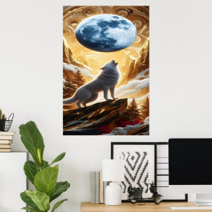 Póster Wolf Howling Under Moonlight