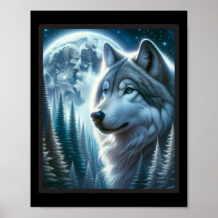 Póster Wolf Icy Moon Galaxy Hundiendo A Los Lobos Gris De