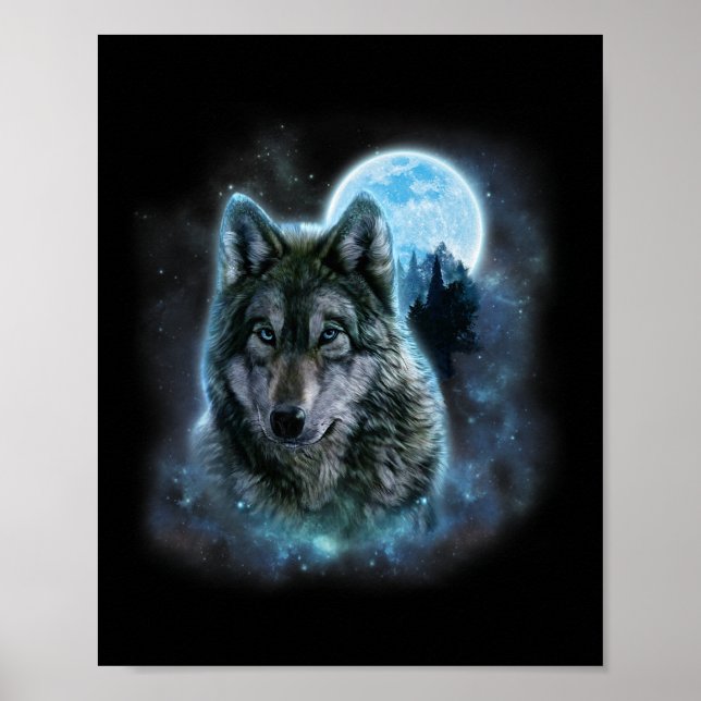 Póster Wolf Icy Moon Galaxy Hundiendo A Los Lobos Gris De (Frente)