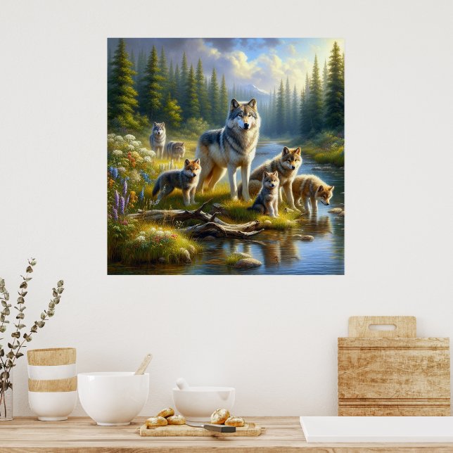 Póster Wolf Pack Wolves Stream Nature Wildlife (Cocina)