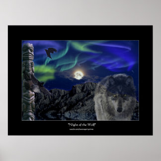 Póster Wolf, Ravens, Totem Pole & Aurora Art Poster