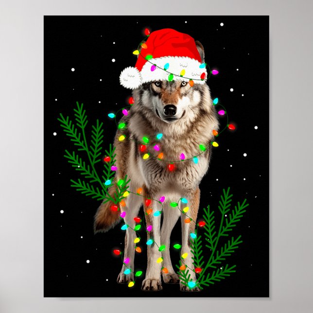 Póster Wolf Santa Hat Christmas Lights Wolf Lover Animal  (Frente)