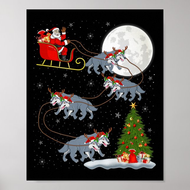 Póster Wolf Santa Sleigh Flying Funny Magical Christmas P (Frente)