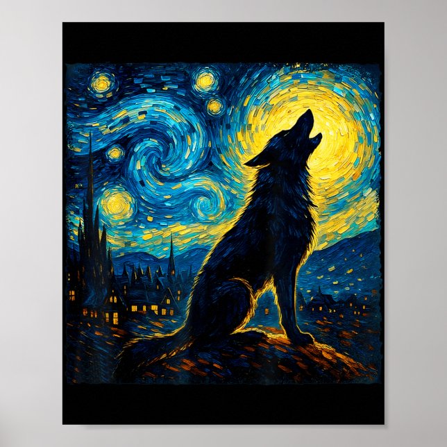 Póster Wolf Starry Night Howling Moon Graciosos Regalos P (Frente)