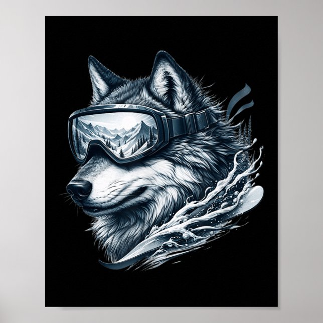 Póster Wolf Wearing Ski Snowboard Goggles Wolf Skiing  (Frente)