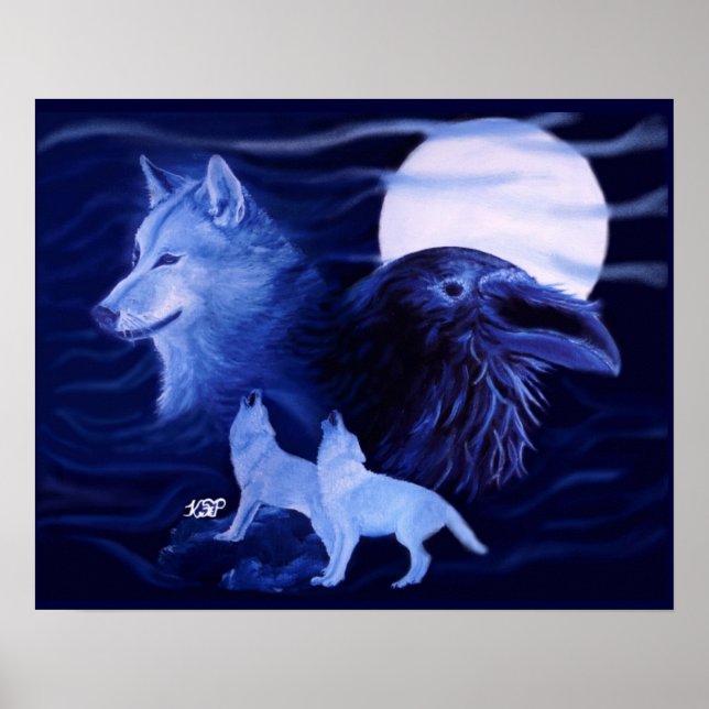 Póster Wolf y Raven con luna llena (Frente)