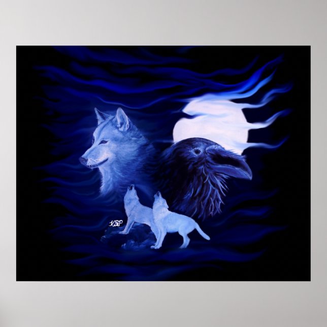 Póster Wolf y Raven con luna llena (Frente)