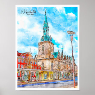 Póster Wolfenbuttel Alemania color de agua de viaje vinta