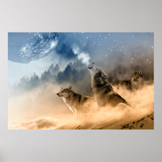 Póster Wolves Moon Fog Nature Sceneration