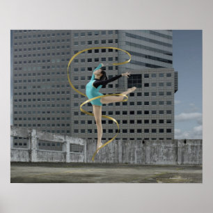 Póster Woman gymnast outdoors on rooftop jumping in air
