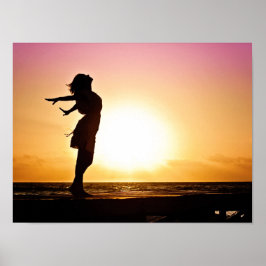 Póster Woman Happiness At Beach Sunset