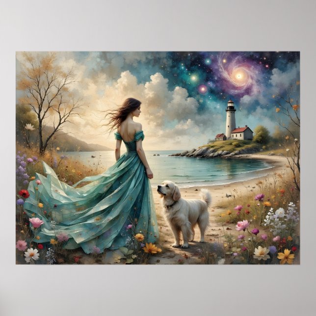 Póster Woman in blue gown on beach with dog, lighthouse. (Frente)