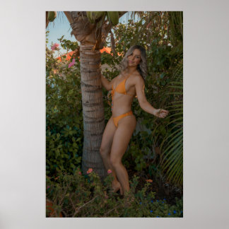Póster Woman In Orange Bikini By Tropical Palm Tree