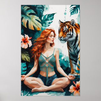 Póster Woman Meditating with Bengal Tiger