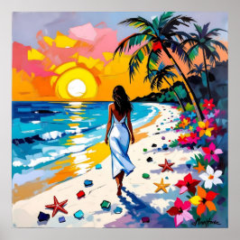 Póster Woman on Beach Tropical Scene
