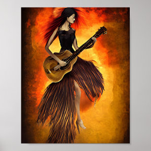 Póster Woman Playing guitar red Sky Abstract original art