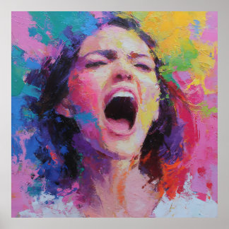 Póster Woman Shouting Abstract Colors Expressive Acrylic