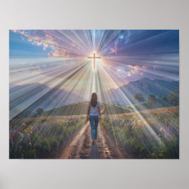 Póster Woman Walking Toward Glowing Cross – Faith Journey