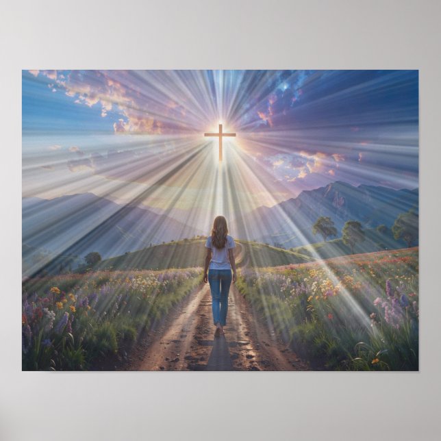 Póster Woman Walking Toward Glowing Cross – Faith Journey (Frente)