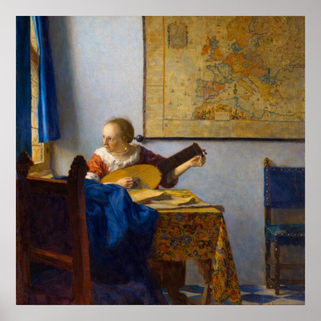 Póster Woman with a lute by Johannes Vermeer (Frente)