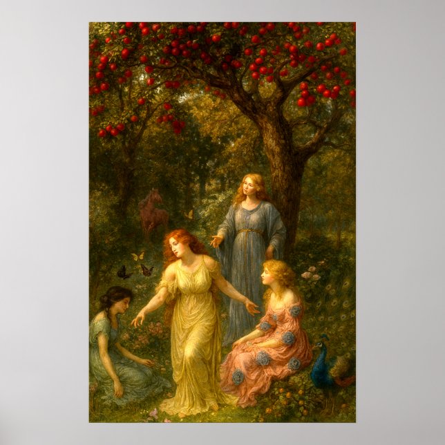 Póster Women, Butterflies & Peacock In Garden (Frente)