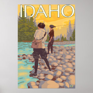 Póster Women Fly FishingIdahoVintage Travel Poster