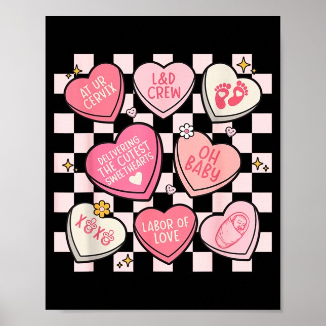 Póster Women Labor And Delivery Nurse Hearts Candy Valent (Frente)