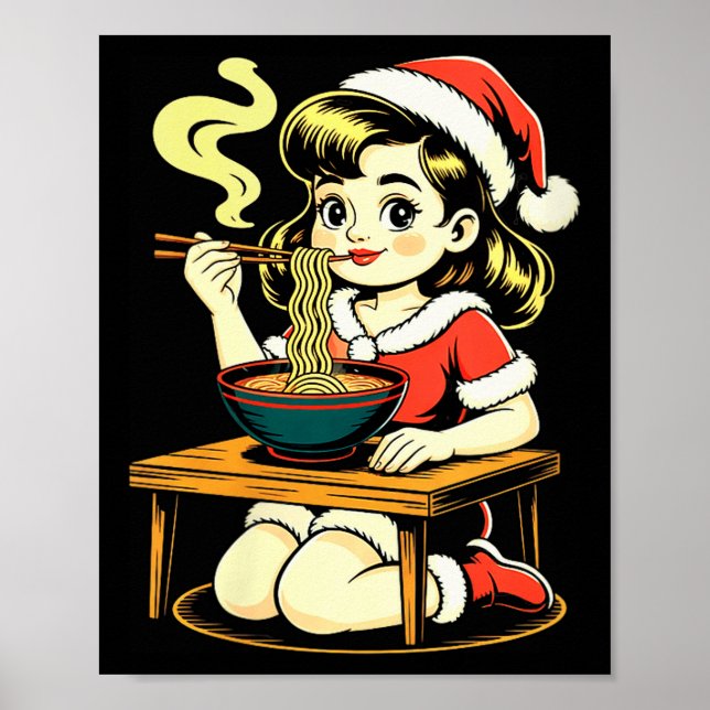 Póster Womens Anime Ramen Xmas Kawaii Santa Girl Eating J (Frente)