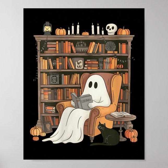 Póster Womens Bookish Ghost Haunted Library Cat Bookworm  (Frente)