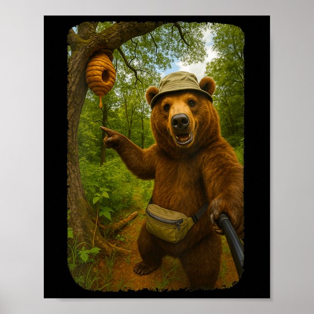 Póster Womens Funny Bear Selfie Near Beehive Hiking Throu (Frente)