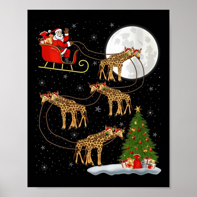Póster Womens Giraffe Santa Sleigh Flying Funny Magical C (Frente)