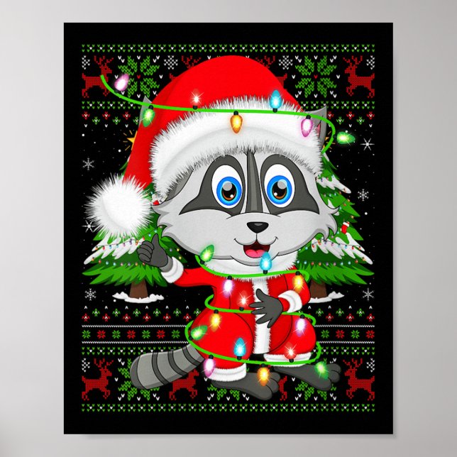 Póster Womens Raccoon Christmas Lights Santa Costume Ugly (Frente)