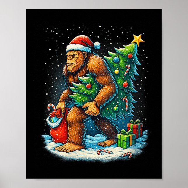 Póster Womens Santa Bigfoot Christmas Tree Sasquatch Xmas (Frente)