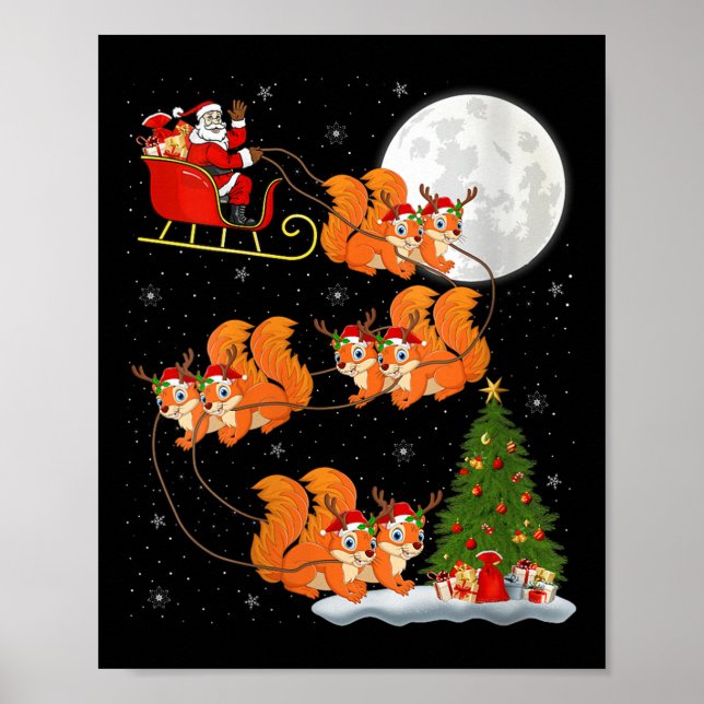 Póster Womens Squirrel Santa Sleigh Flying Funny Magical  (Frente)