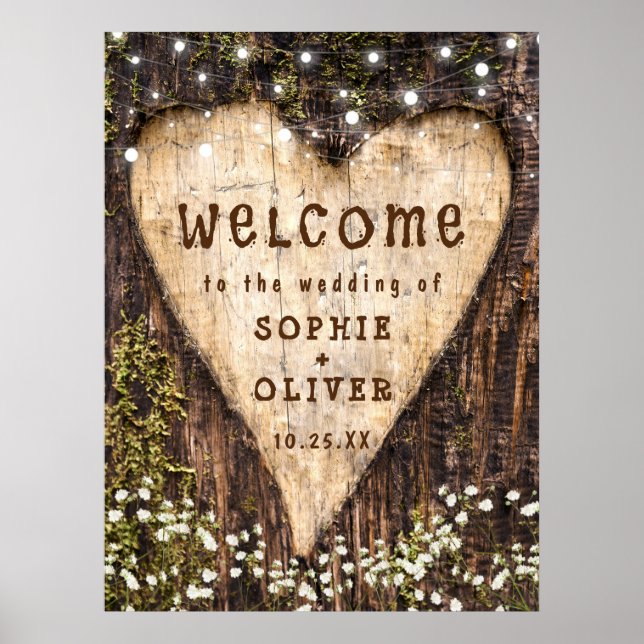 Póster Wood Bark Heart Country Rustic WELCOME Wedding (Frente)