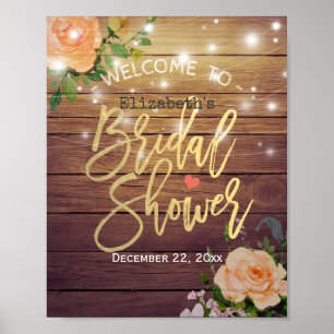 Póster Wood Floral String Luces Brillantes Ducha Bienveni