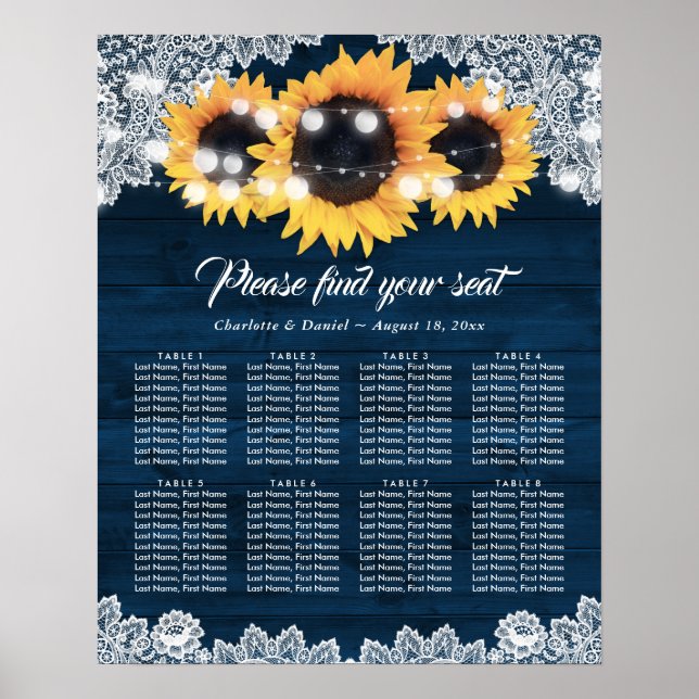 Póster Wood Lace Sunflower Navy Blue  Seating Chart (Frente)