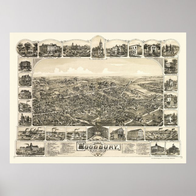 Póster Woodbury, Mapa Panorámico NJ - 1886 (Frente)