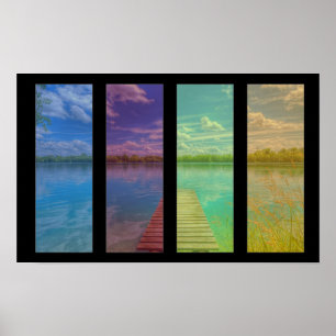Póster Wooden Pier over a Calm Lake Landscape Quadtrych