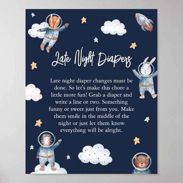 Póster Woodland Animal Space Baby 'Late Night Diaper' (Frente)