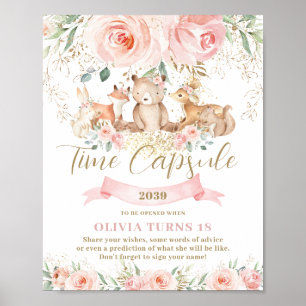 Póster Woodland Animales Pink Floral Cumpleaños Cápsula d