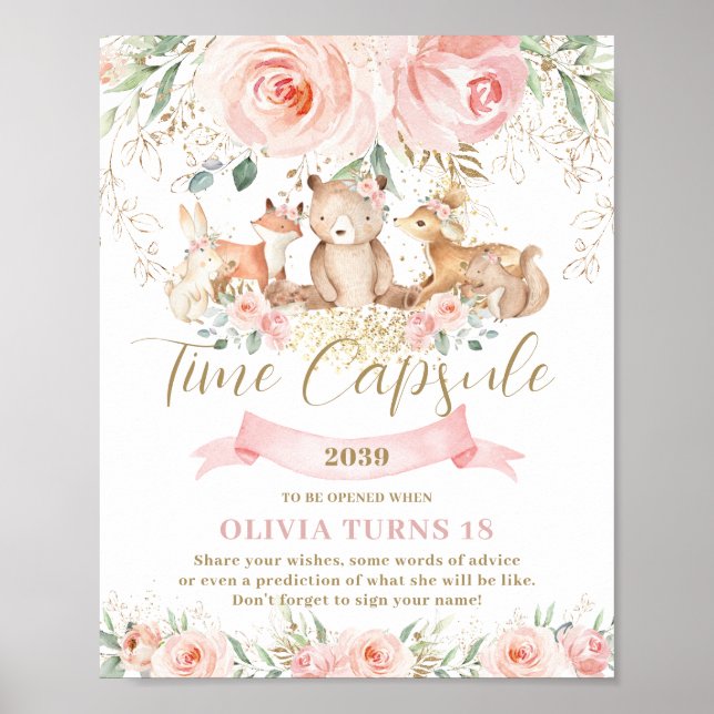 Póster Woodland Animales Pink Floral Cumpleaños Cápsula d (Frente)