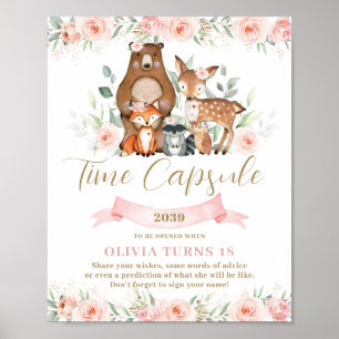 Póster Woodland Animales Pink Floral Cumpleaños Cápsula d
