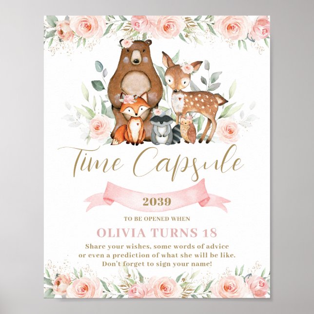 Póster Woodland Animales Pink Floral Cumpleaños Cápsula d (Frente)