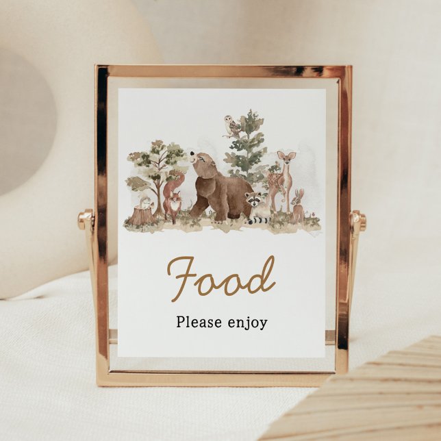 Póster Woodland Animals Adventure espera comida de Baby S (Adventure Awaits Woodland Animals Baby Shower Food Sign)