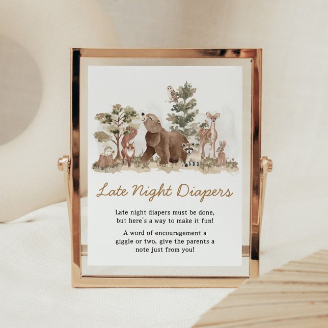 Póster Woodland Animals Adventure Late Night Diapers (Adventure Awaits Woodland Animals Baby Shower Late Night Diapers Sign)