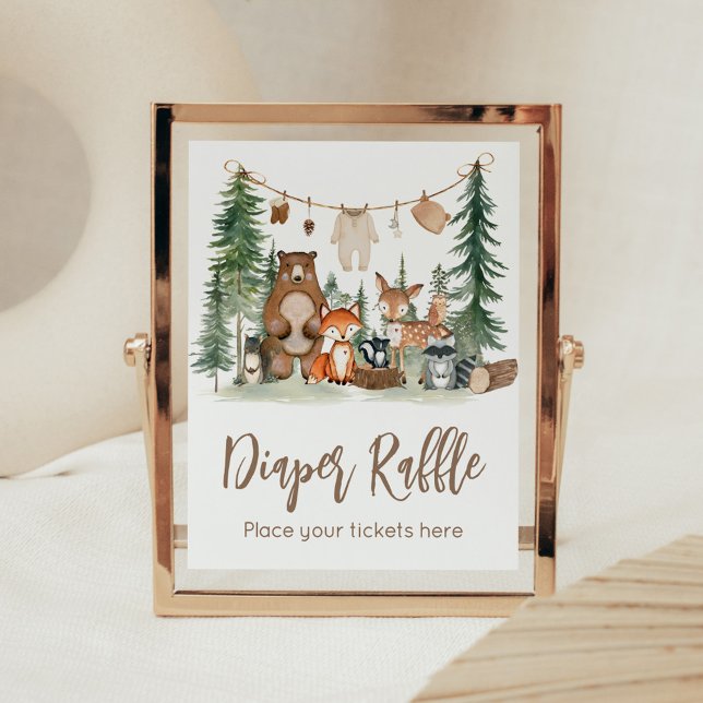 Póster Woodland Animals Baby Shower Diaper Raffle Sign (Woodland Animals Adventure Awaits Rustic Baby Shower Sign)