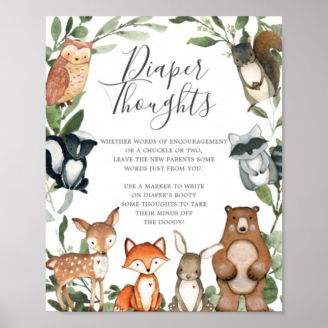 Póster Woodland Animals Baby Shower Diaper Thoughts Rótul (Frente)